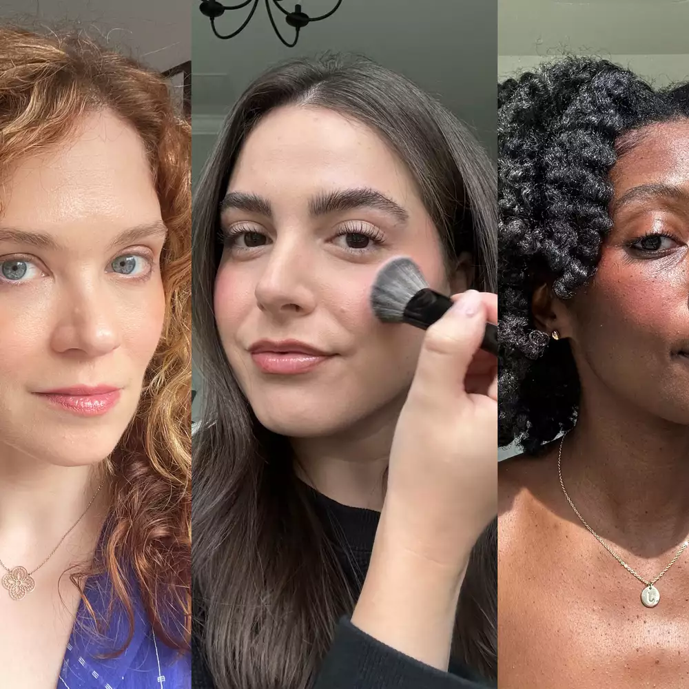 Different testers and skin types wearing or applying blush on their faces