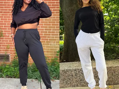 Two individuals wearing casual jogger outfits photographed outdoors