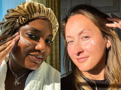 Two individuals applying facial moisturizer to their cheeks